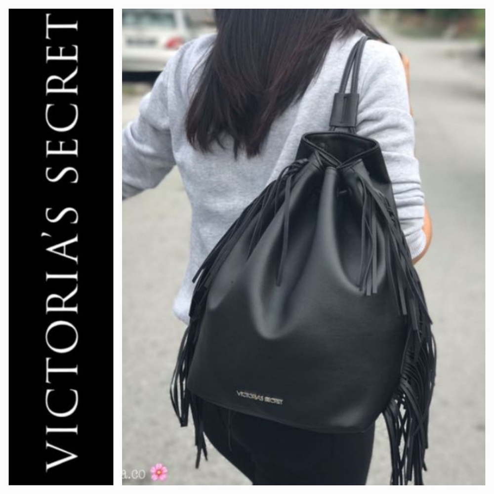 Victoria's Secret Black vegan Fringed Buckle Backpack Bag